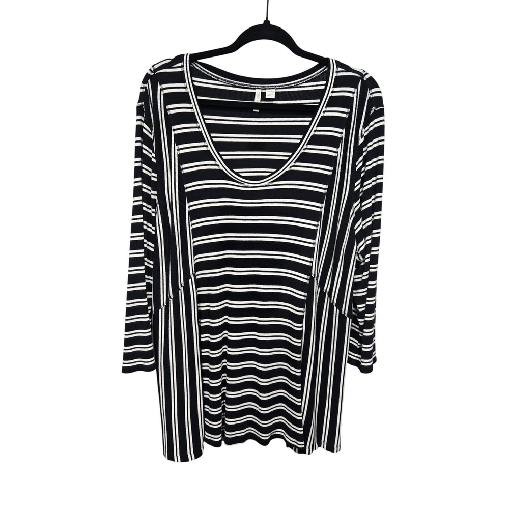Cato Striped Tunic Top Womens 22/24W Black White Ribbed Knit 3/4 Sleeve Scoop